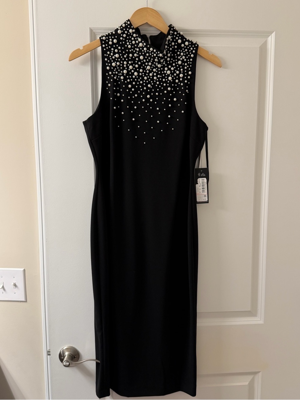 Karl Lagerfeld Paris Black Sleeveless Midi Dress with Pearl Embellished Neck